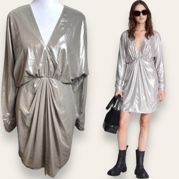 NWT RAG & BONE DRESS SILVER METALLIC ELOISE MINI LONG SLEEVE RUCHED SHORT FLOWY - Picture 1 of 13
